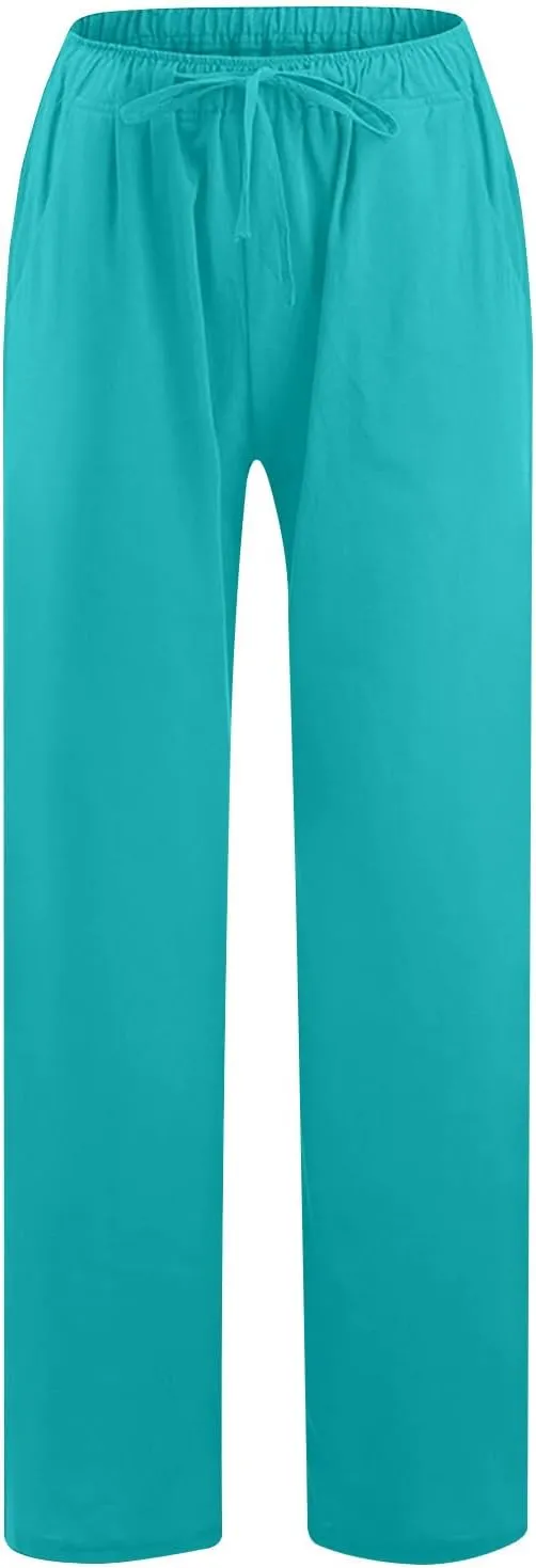 Cotton Linen Pants for Women Summer Loose Straight Leg Drawstring Trousers Casual Elastic Waist Long Pant with Pocket