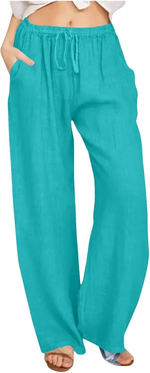 Cotton Linen Pants for Women Summer Loose Straight Leg Drawstring Trousers Casual Elastic Waist Long Pant with Pocket
