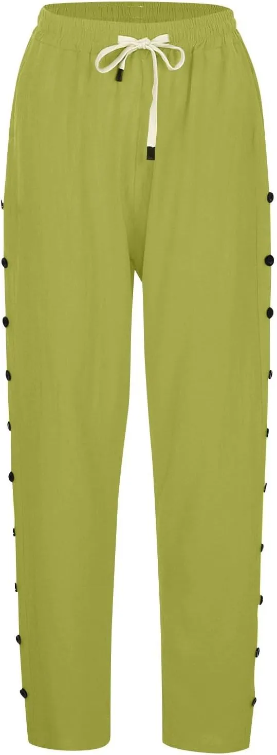 Cotton Linen Pants for Women Summer Wide Leg Elastic Straight Leg Lounge Pant Drawstring Lightweight Beach Trousers