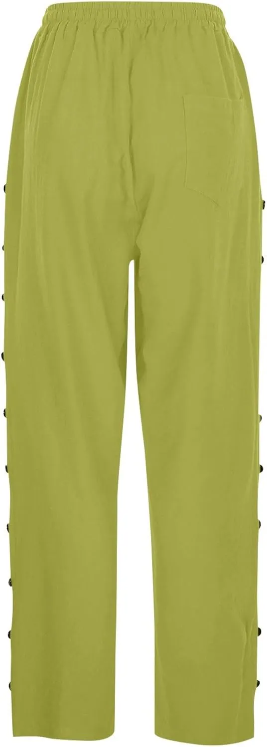 Cotton Linen Pants for Women Summer Wide Leg Elastic Straight Leg Lounge Pant Drawstring Lightweight Beach Trousers