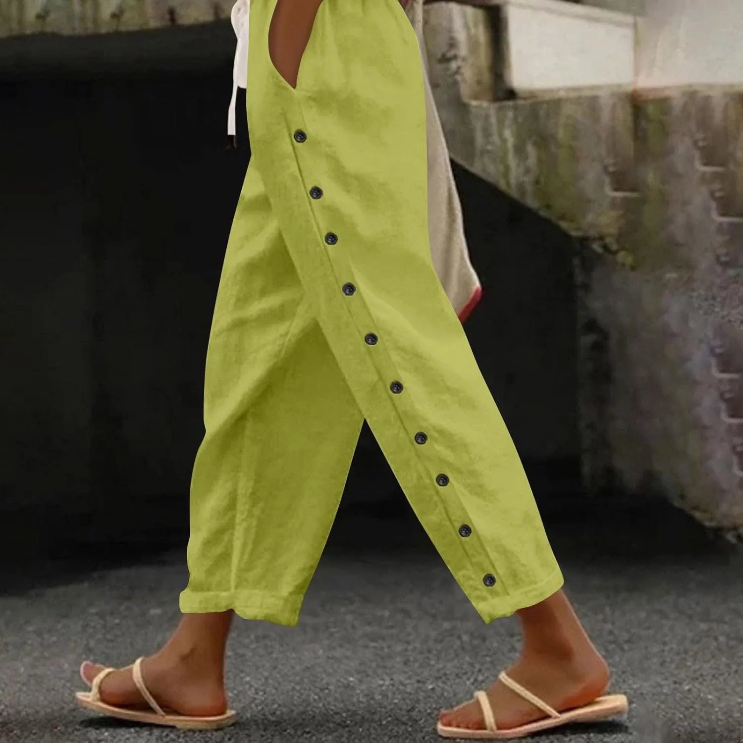 Cotton Linen Pants for Women Summer Wide Leg Elastic Straight Leg Lounge Pant Drawstring Lightweight Beach Trousers