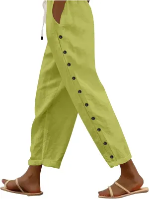 Cotton Linen Pants for Women Summer Wide Leg Elastic Straight Leg Lounge Pant Drawstring Lightweight Beach Trousers