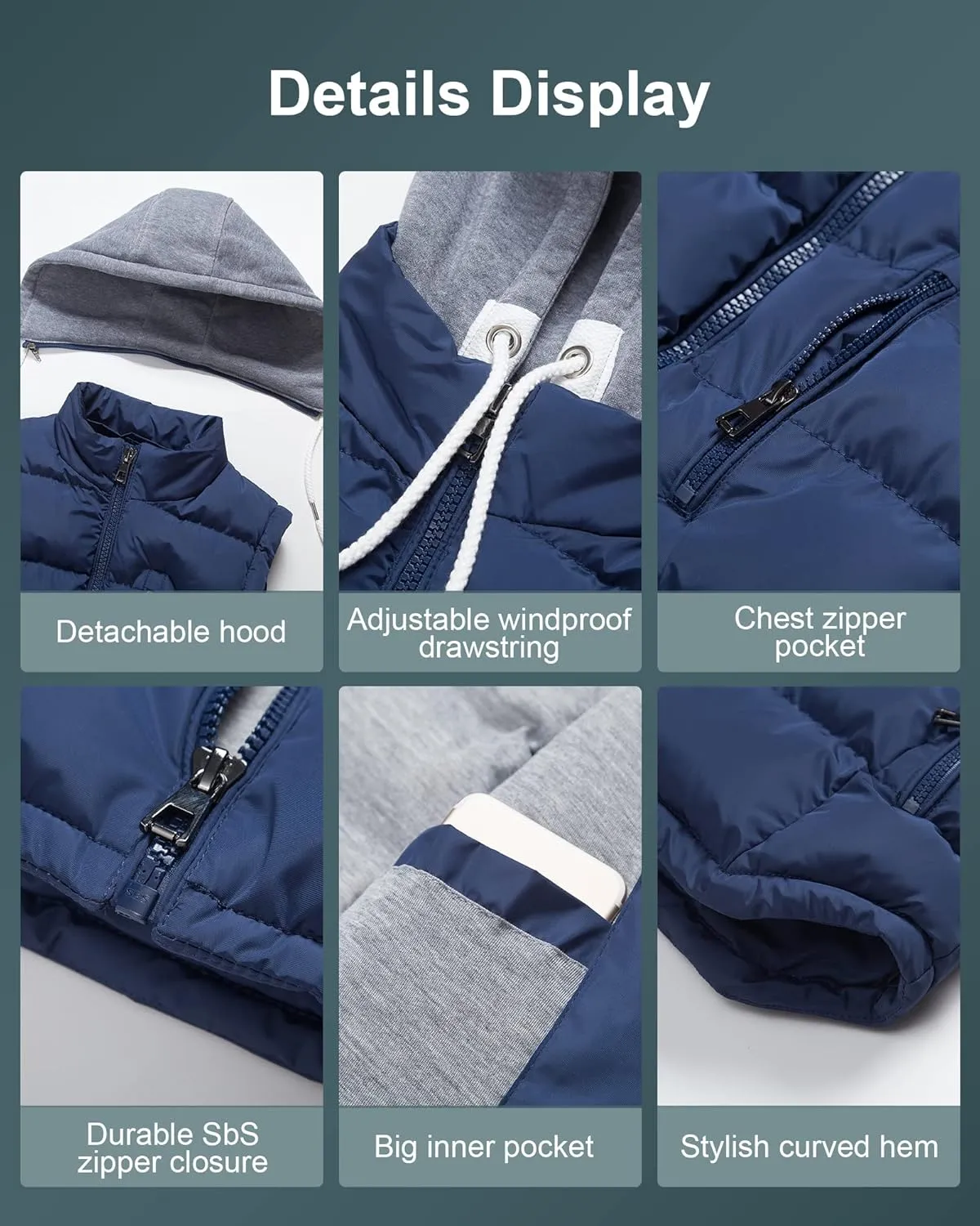 CREATMO US Women's Warm Vest Outerwear Thick Padded Puffer Sleeveless Vest With Detachable Hood