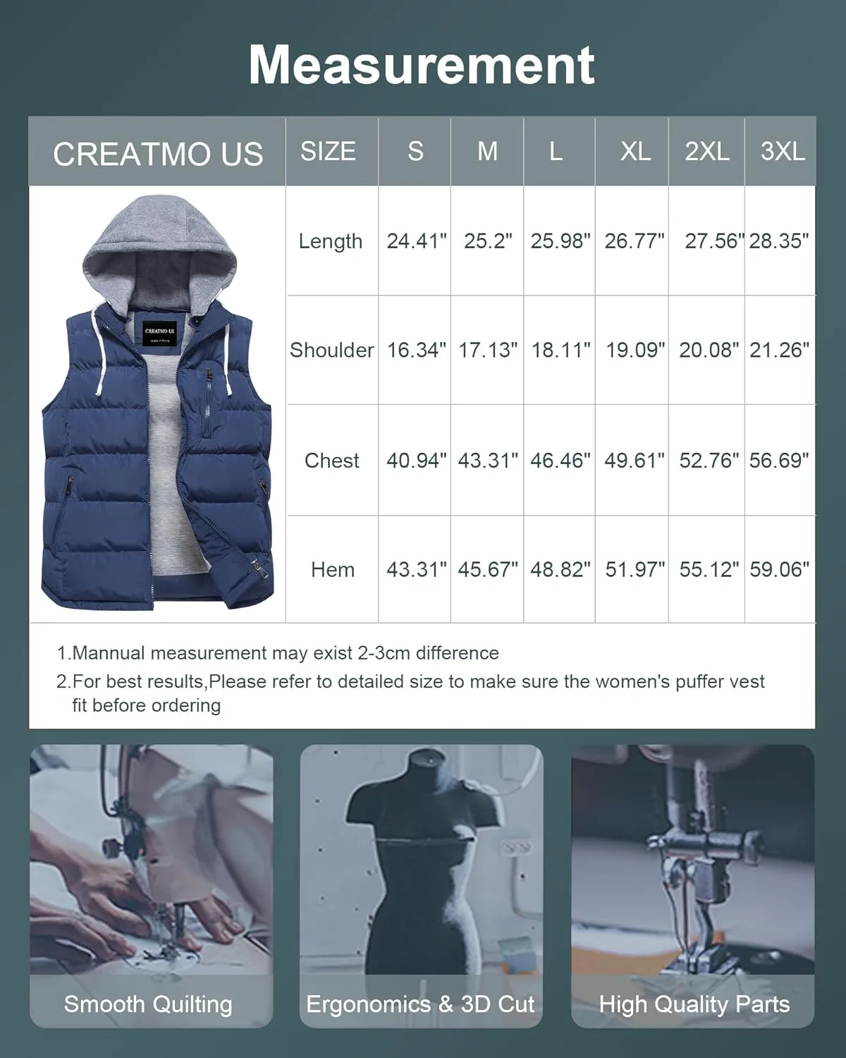 CREATMO US Women's Warm Vest Outerwear Thick Padded Puffer Sleeveless Vest With Detachable Hood