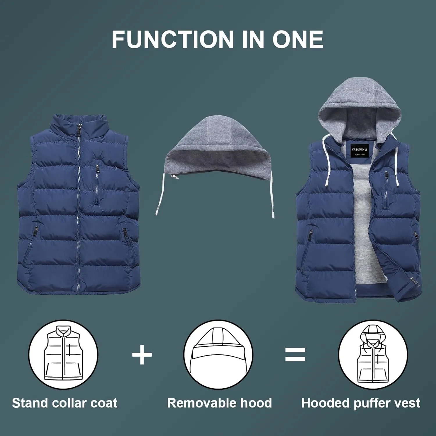 CREATMO US Women's Warm Vest Outerwear Thick Padded Puffer Sleeveless Vest With Detachable Hood