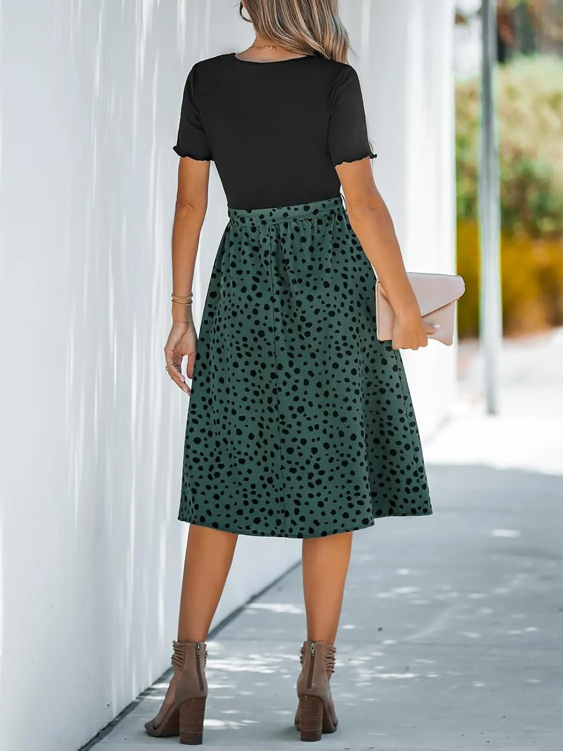 CUPSHE Women's Polka Dots Midi Beach Dress Round Neck Short Sleeve Belted Tie A Line Midi Summer Dresses, Sage Green