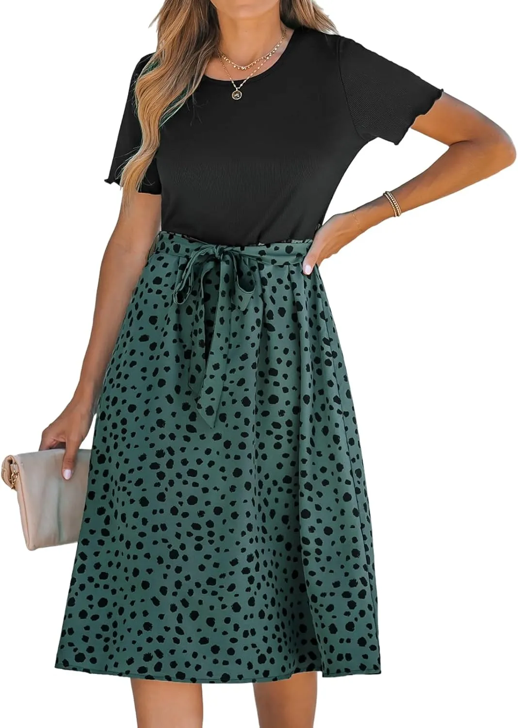 CUPSHE Women's Polka Dots Midi Beach Dress Round Neck Short Sleeve Belted Tie A Line Midi Summer Dresses, Sage Green