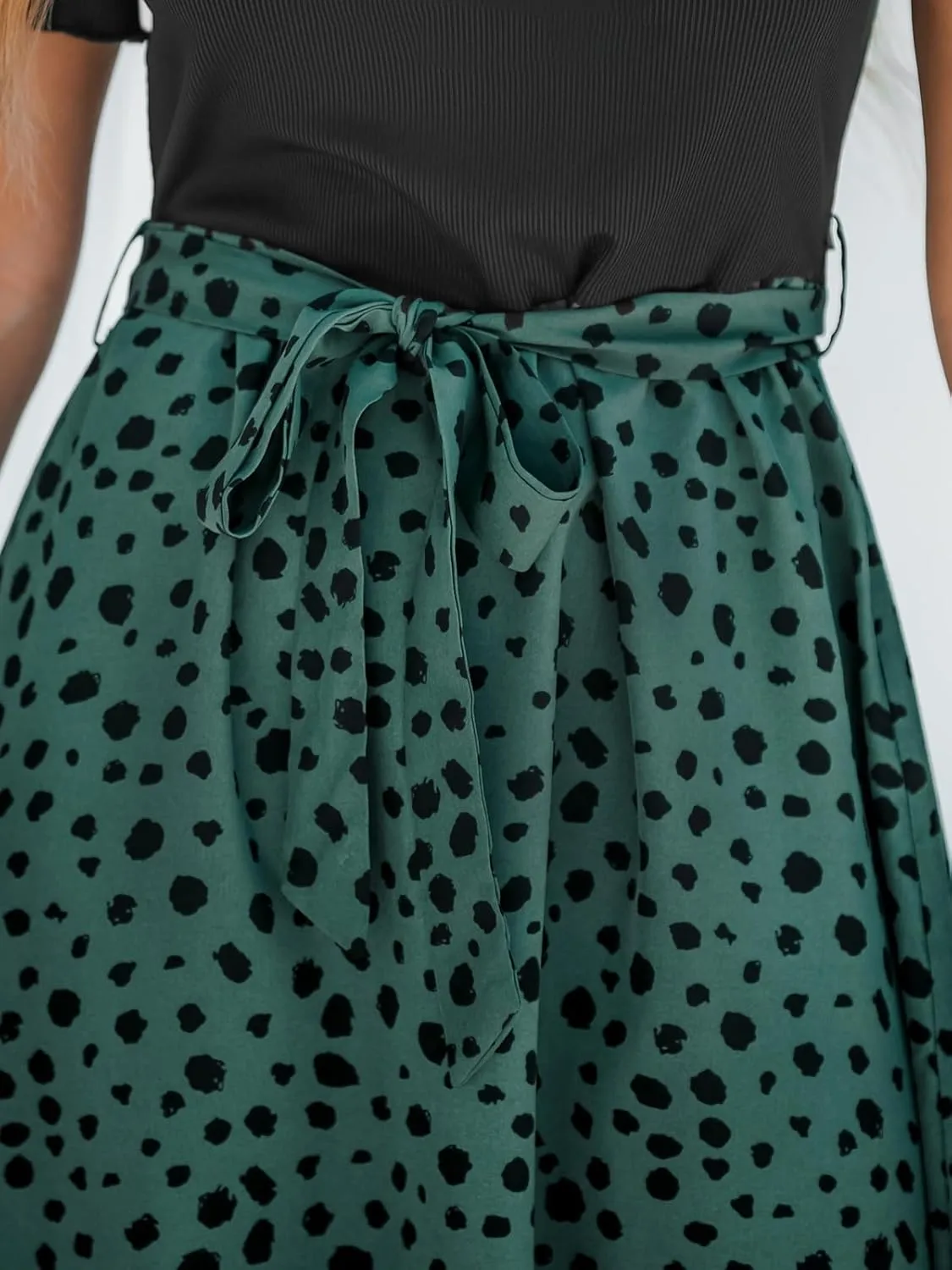 CUPSHE Women's Polka Dots Midi Beach Dress Round Neck Short Sleeve Belted Tie A Line Midi Summer Dresses, Sage Green