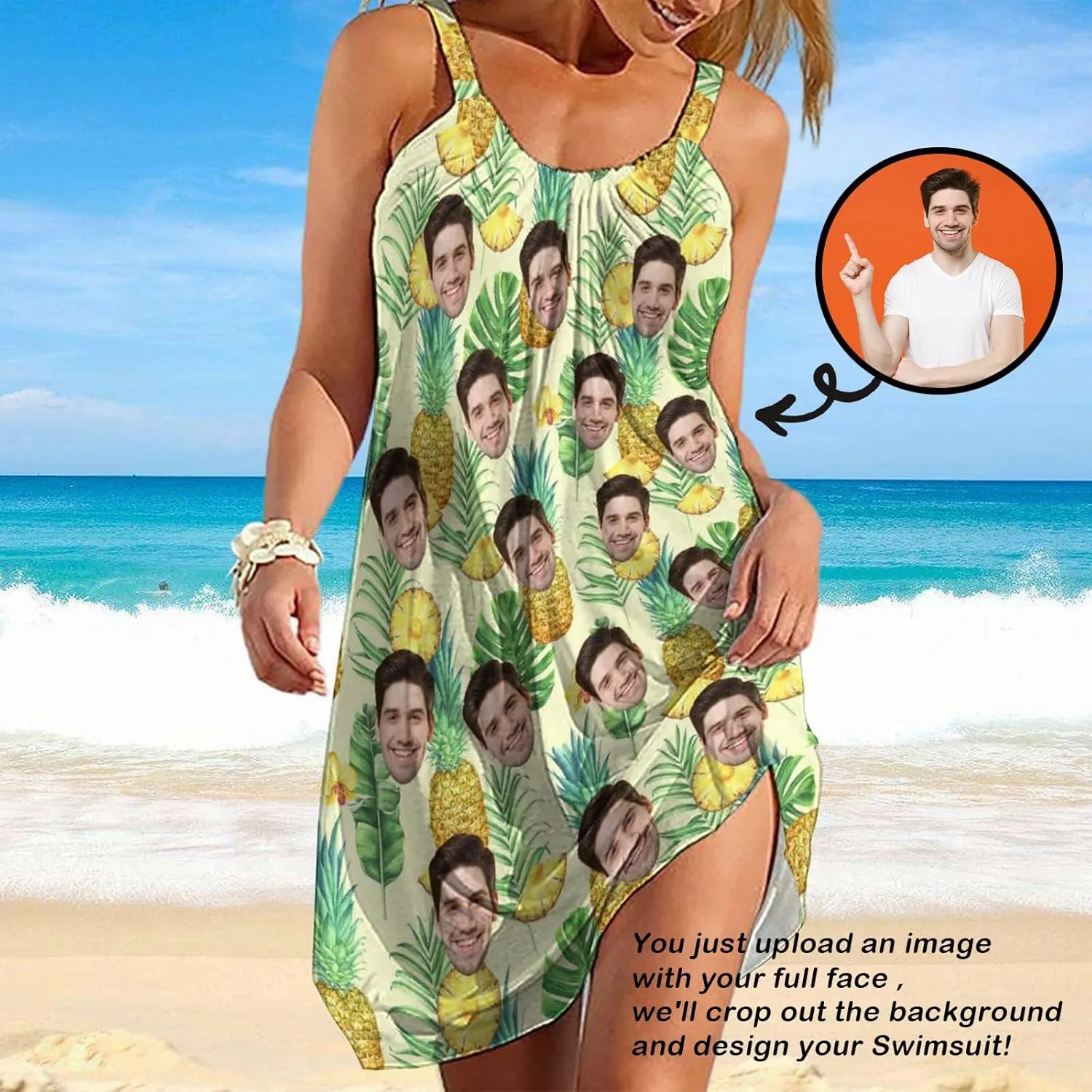 Custom Husband Face Dress for Women Personalized Cute Halter Neck Suspender Sleeveless Sundress Beach Party Summer Gift