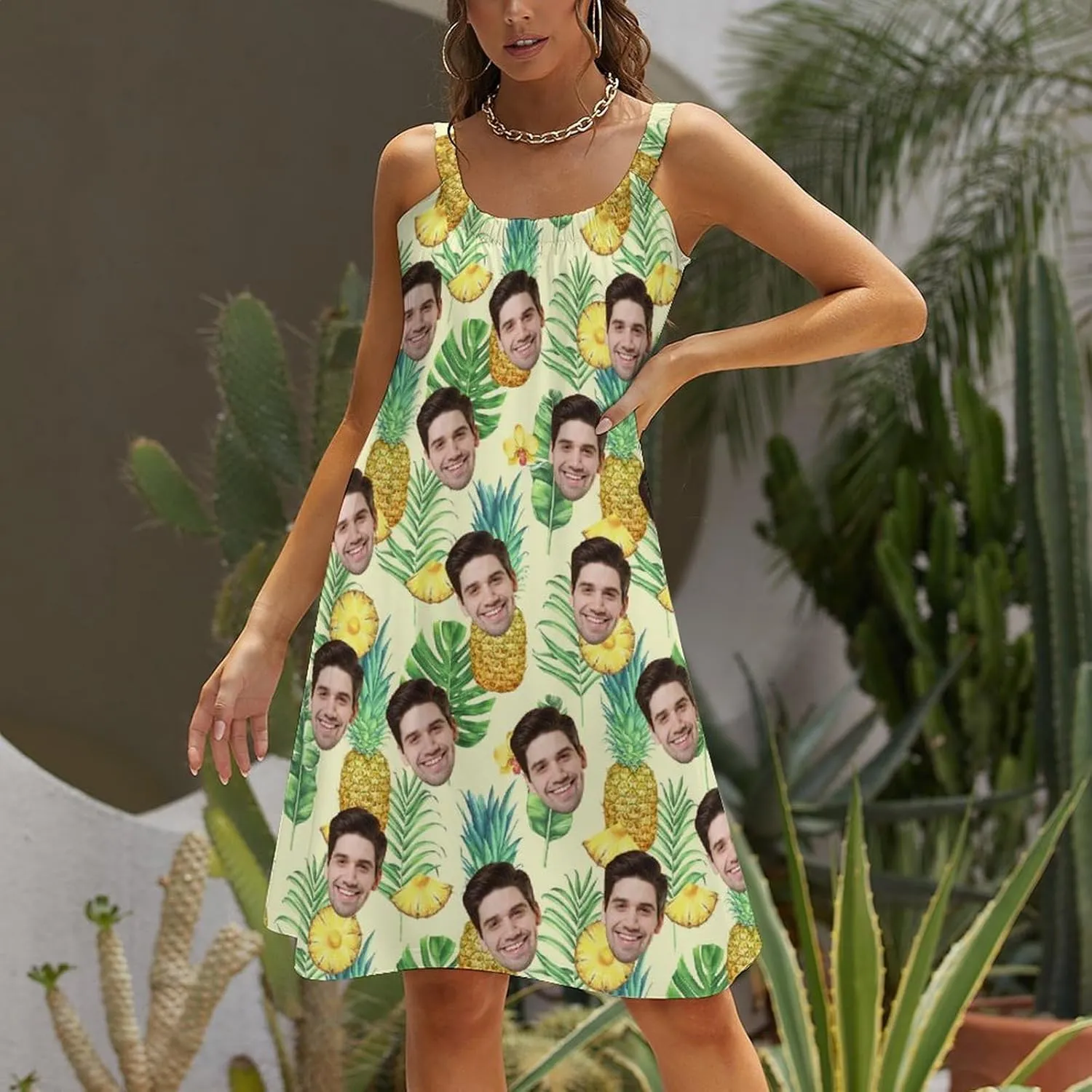 Custom Husband Face Dress for Women Personalized Cute Halter Neck Suspender Sleeveless Sundress Beach Party Summer Gift