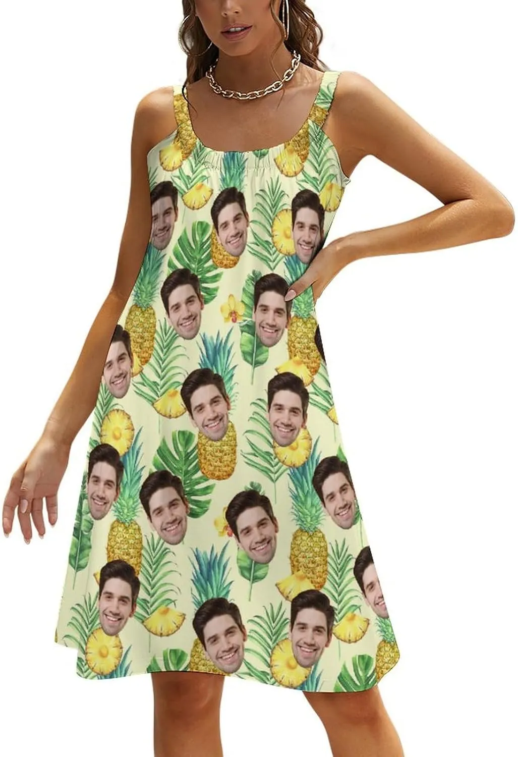 Custom Husband Face Dress for Women Personalized Cute Halter Neck Suspender Sleeveless Sundress Beach Party Summer Gift