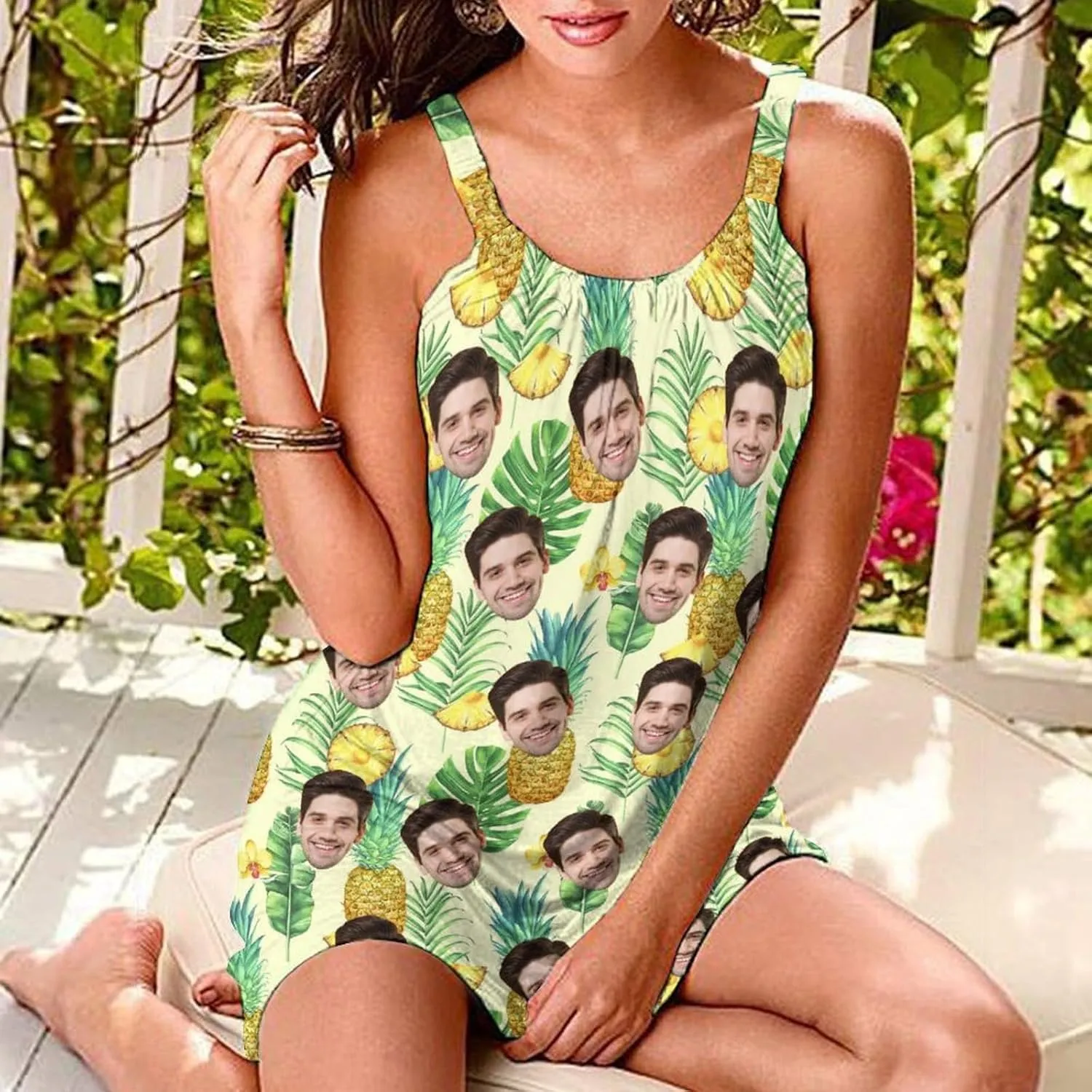 Custom Husband Face Dress for Women Personalized Cute Halter Neck Suspender Sleeveless Sundress Beach Party Summer Gift