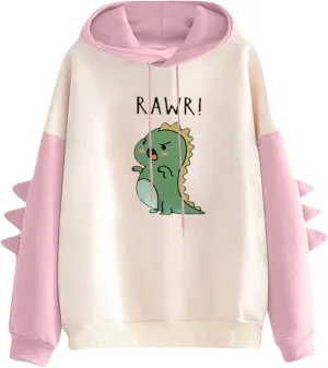 Cute Hoodies for Women Teen Girls Kawaii Japanese Dinosaur Hoodie Tops Stitching Long Sleeve Hooded Sweatshirts
