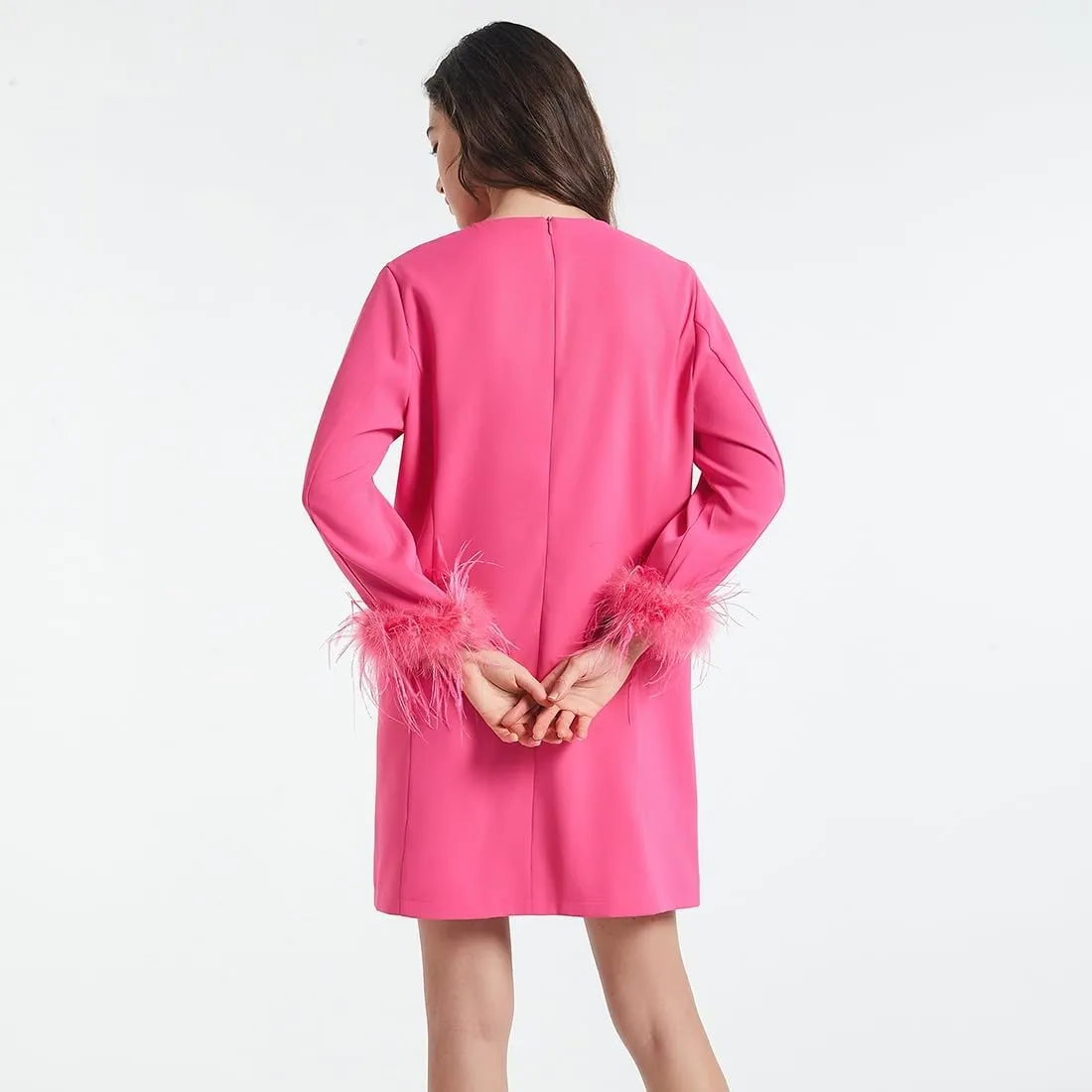 D-Sun Women 3/4 Sleeves Feather Party Dress Round Neck Casual Feather Elegant Wedding Guest Cocktail Mini Dress