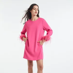 D-Sun Women 3/4 Sleeves Feather Party Dress Round Neck Casual Feather Elegant Wedding Guest Cocktail Mini Dress
