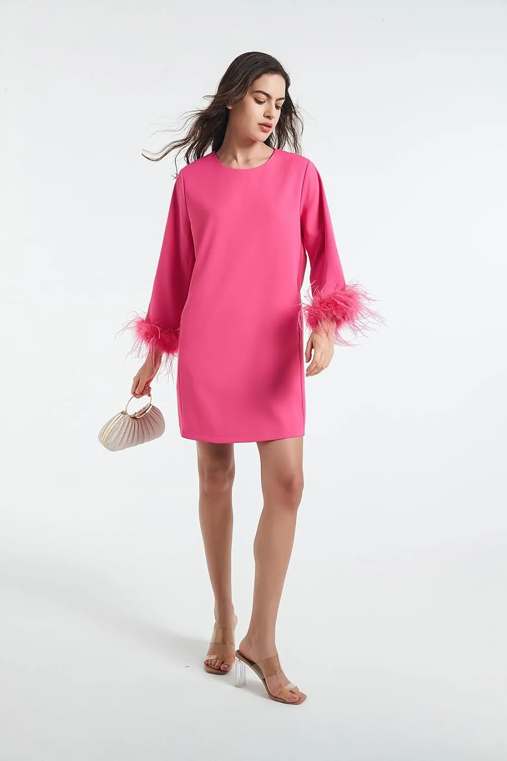 D-Sun Women 3/4 Sleeves Feather Party Dress Round Neck Casual Feather Elegant Wedding Guest Cocktail Mini Dress