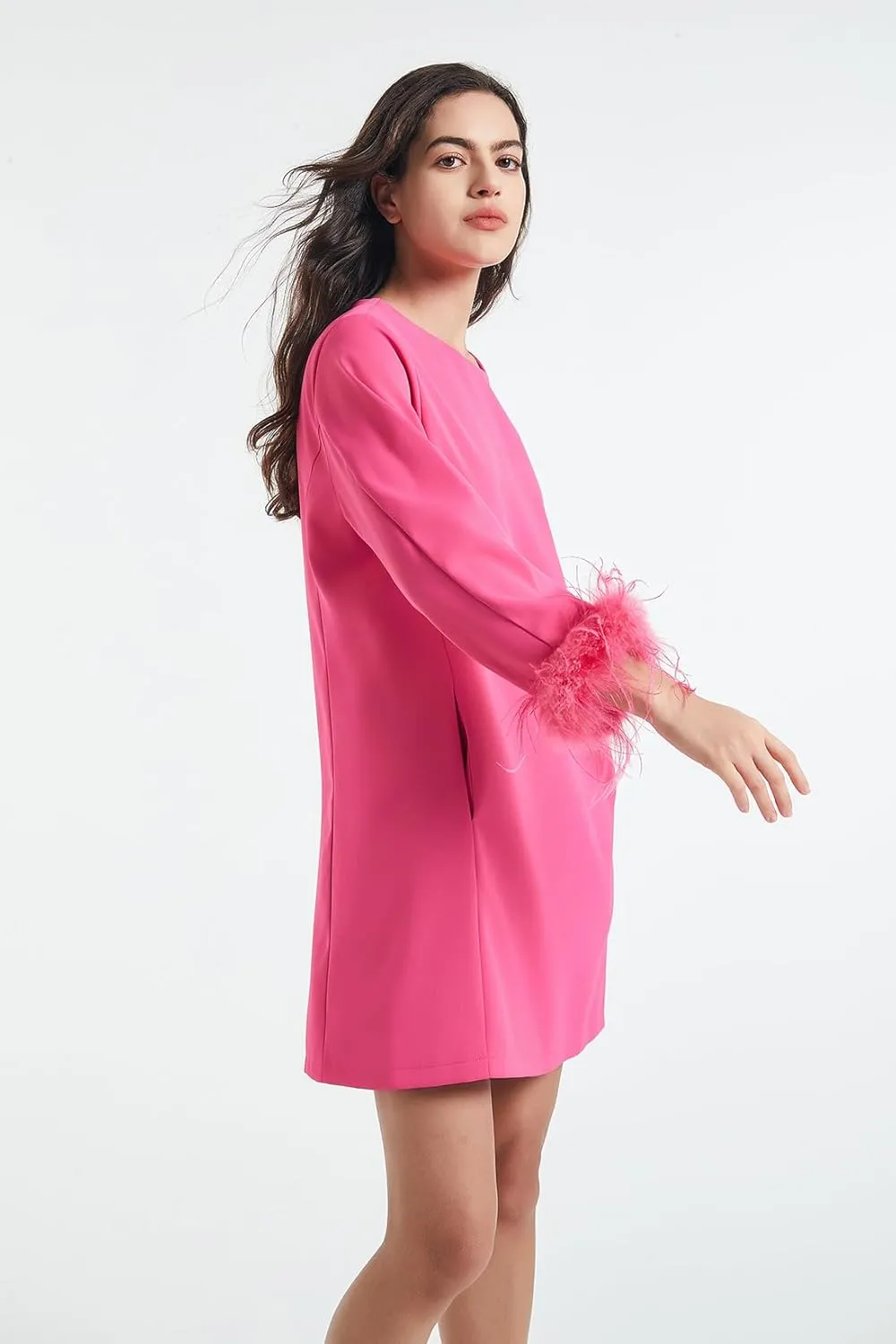D-Sun Women 3/4 Sleeves Feather Party Dress Round Neck Casual Feather Elegant Wedding Guest Cocktail Mini Dress