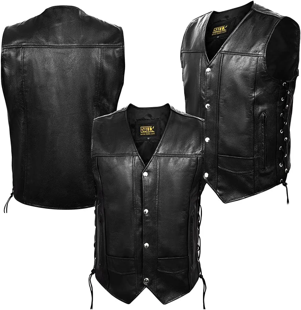 DALLX Motorcycle Leather Vest with Adjustable Side Lace for Men Club Style Riding Biker Vest with Concealed Gun Pocket