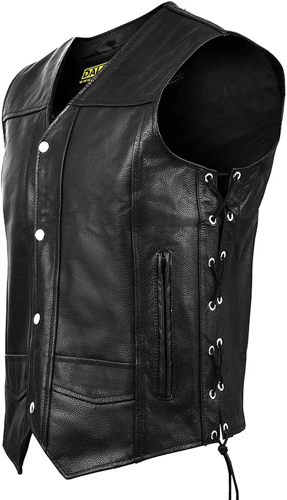 DALLX Motorcycle Leather Vest with Adjustable Side Lace for Men Club Style Riding Biker Vest with Concealed Gun Pocket