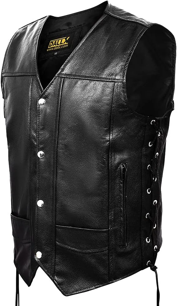 DALLX Motorcycle Leather Vest with Adjustable Side Lace for Men Club Style Riding Biker Vest with Concealed Gun Pocket