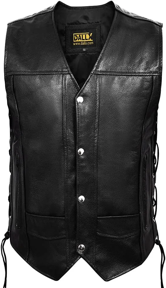 DALLX Motorcycle Leather Vest with Adjustable Side Lace for Men Club Style Riding Biker Vest with Concealed Gun Pocket