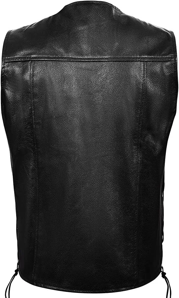 DALLX Motorcycle Leather Vest with Adjustable Side Lace for Men Club Style Riding Biker Vest with Concealed Gun Pocket