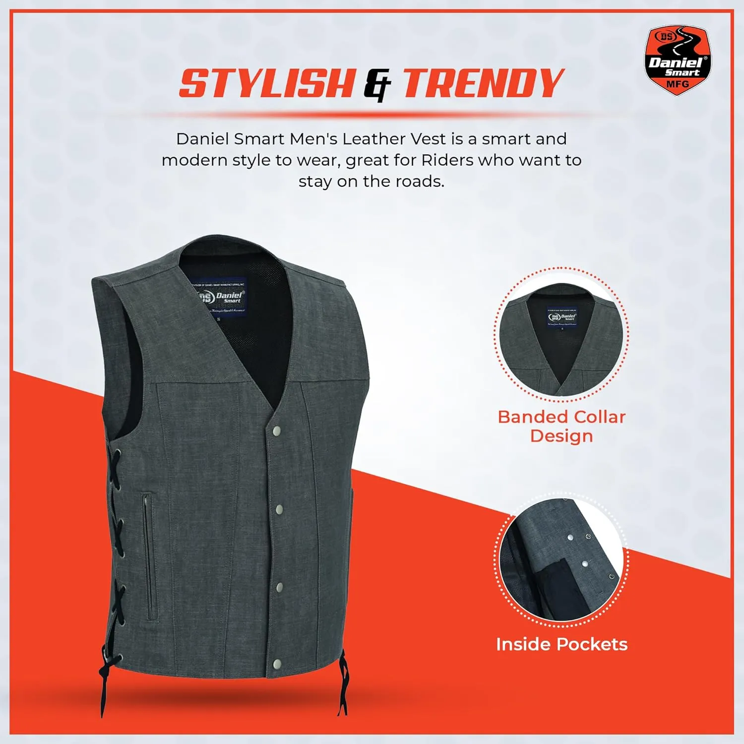 Daniel Smart Biker Vest for Men Motorcycle Blue & Black Denim Vest with Side Laces and Concealment Carry Pocket