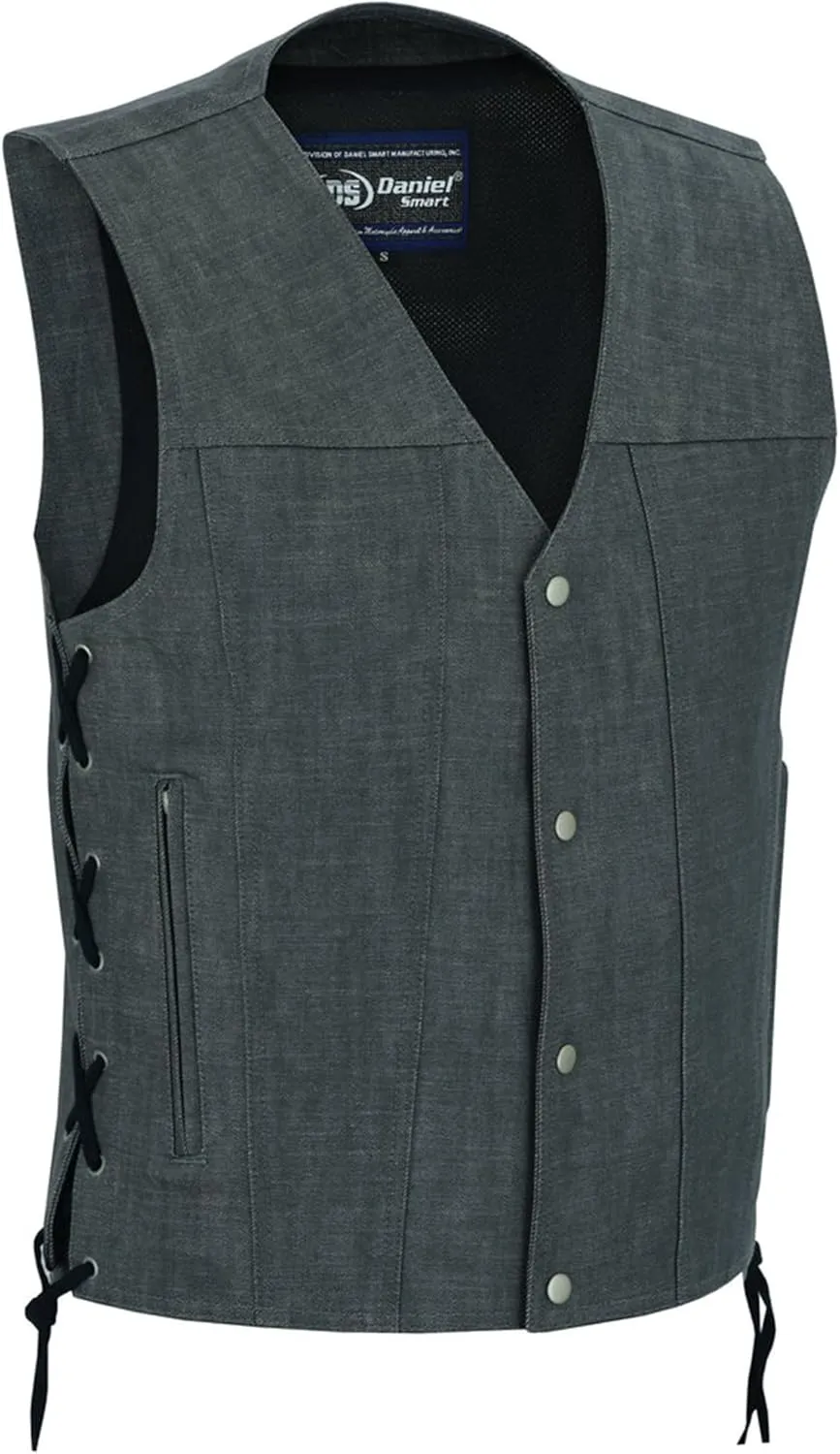 Daniel Smart Biker Vest for Men Motorcycle Blue & Black Denim Vest with Side Laces and Concealment Carry Pocket