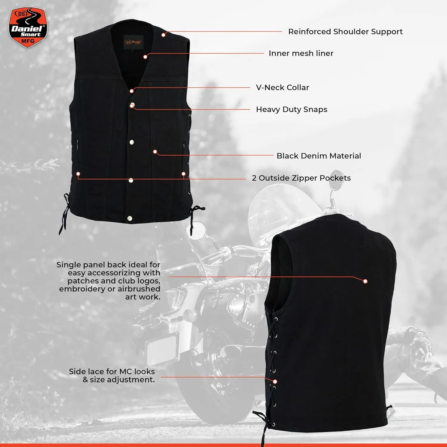 Daniel Smart Biker Vest for Men Motorcycle Blue & Black Denim Vest with Side Laces and Concealment Carry Pocket