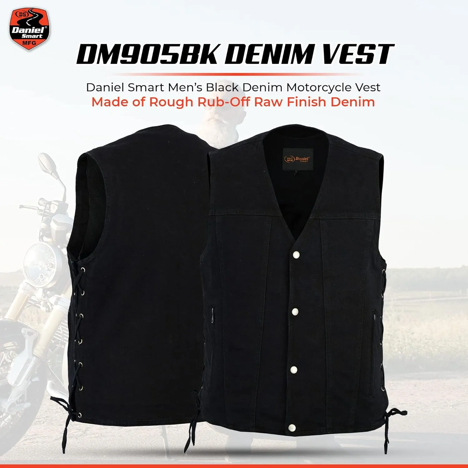 Daniel Smart Biker Vest for Men Motorcycle Blue & Black Denim Vest with Side Laces and Concealment Carry Pocket