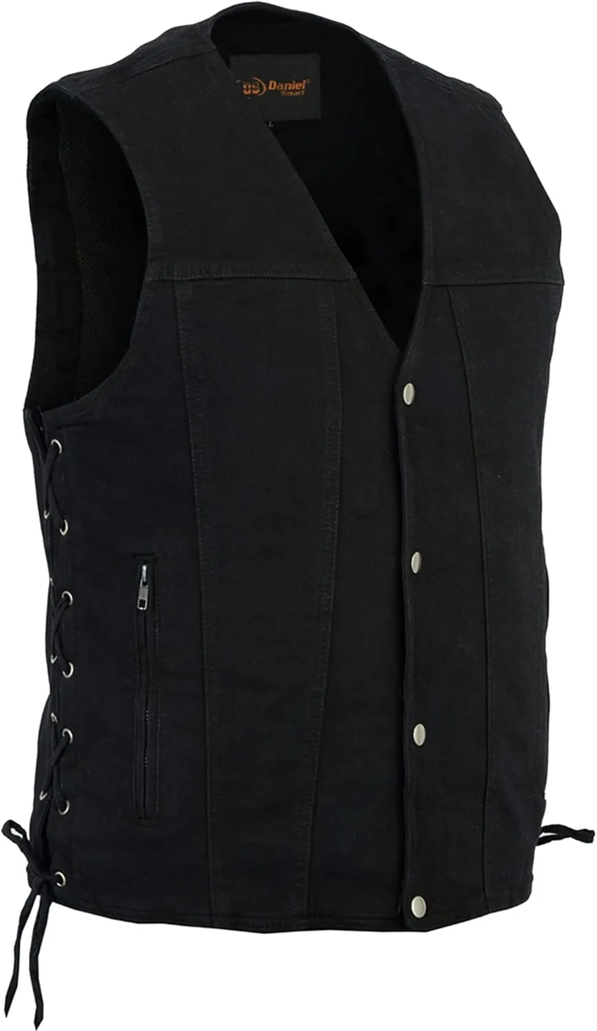 Daniel Smart Biker Vest for Men Motorcycle Blue & Black Denim Vest with Side Laces and Concealment Carry Pocket