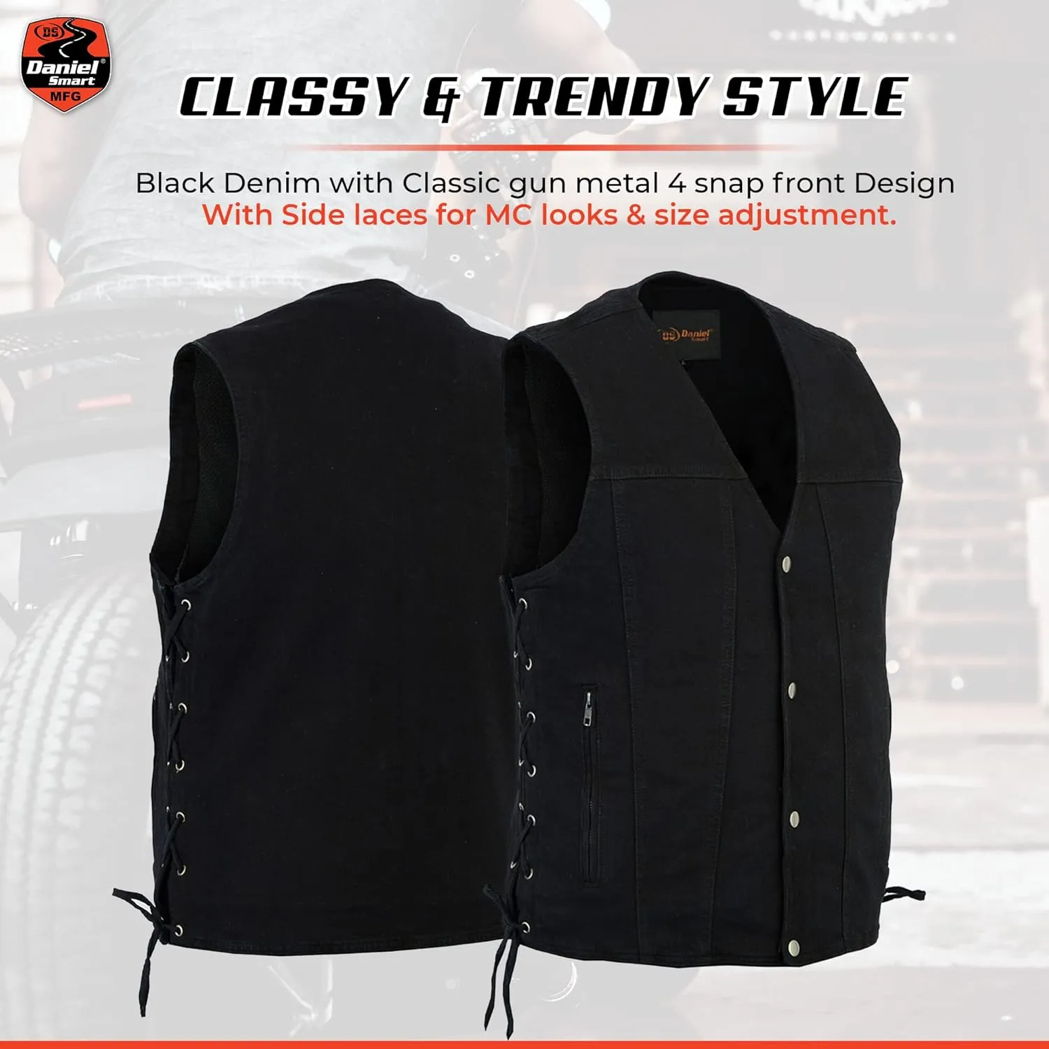 Daniel Smart Biker Vest for Men Motorcycle Blue & Black Denim Vest with Side Laces and Concealment Carry Pocket
