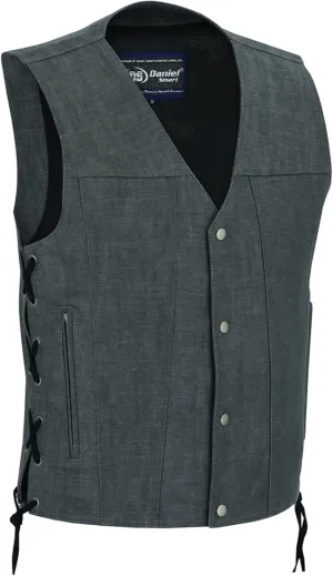 Daniel Smart Biker Vest for Men Motorcycle Blue & Black Denim Vest with Side Laces and Concealment Carry Pocket