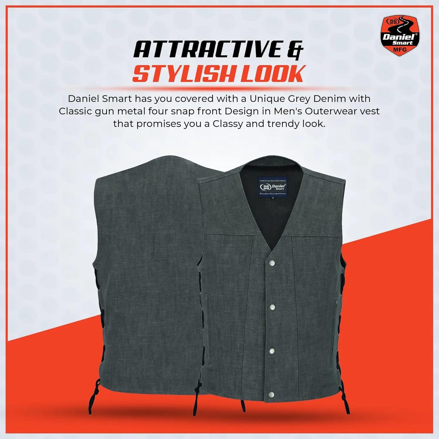 Daniel Smart Biker Vest for Men Motorcycle Blue & Black Denim Vest with Side Laces and Concealment Carry Pocket