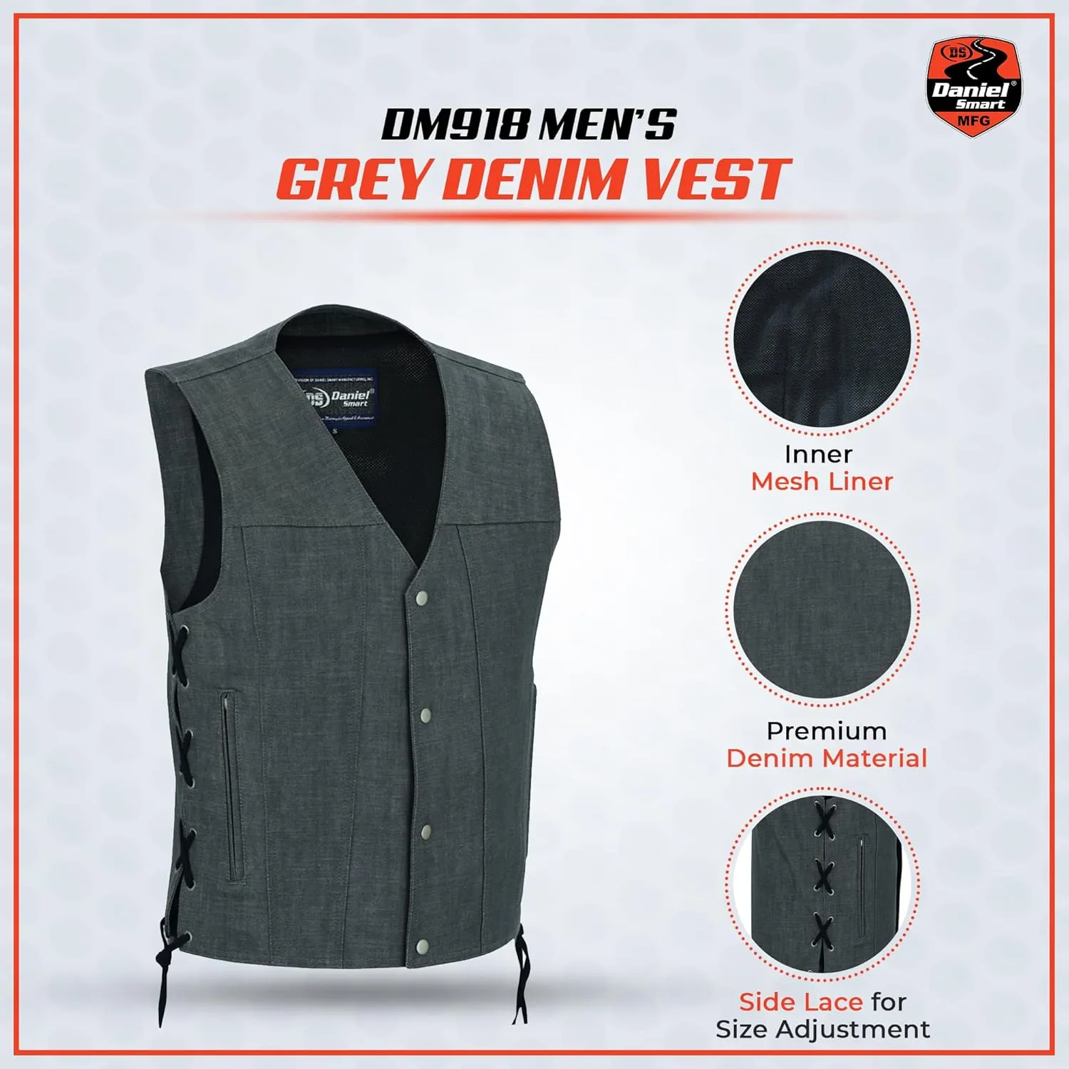 Daniel Smart Biker Vest for Men Motorcycle Blue & Black Denim Vest with Side Laces and Concealment Carry Pocket