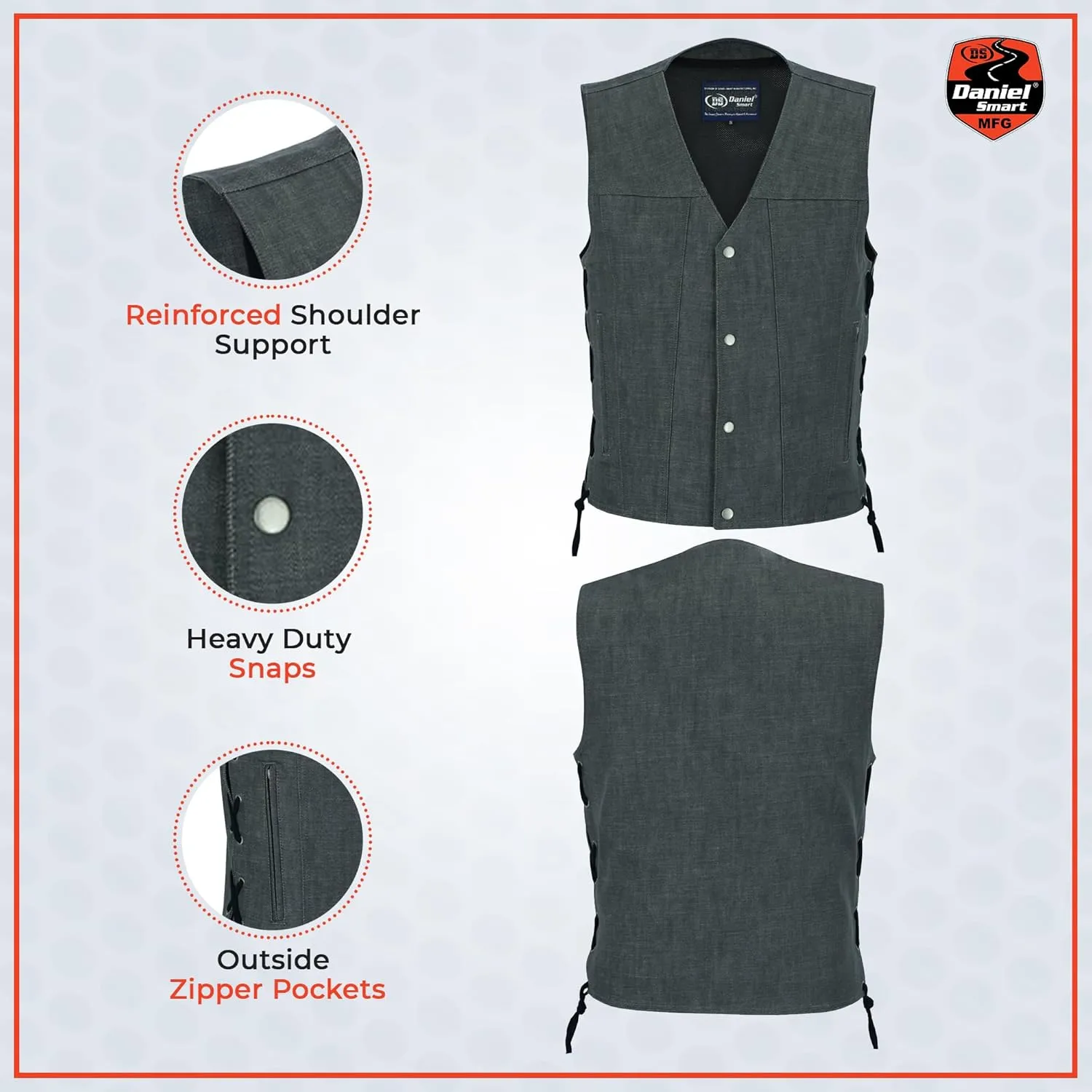 Daniel Smart Biker Vest for Men Motorcycle Blue & Black Denim Vest with Side Laces and Concealment Carry Pocket