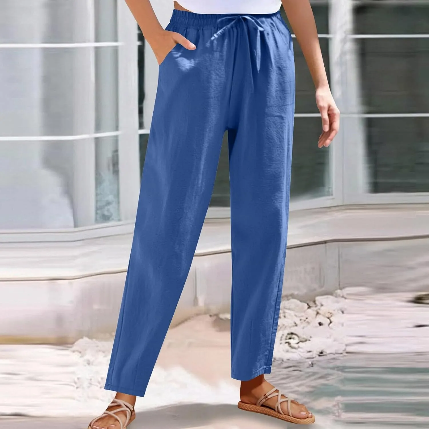 DDAPJ pyju Women High Waisted Linen Pants 2025 Summer Casual Drawstring Waist Pants Wide Leg Trousers with Pockets