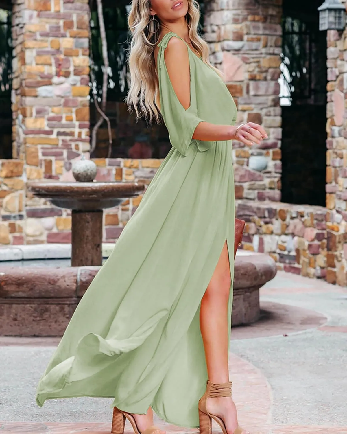 DEEP SELF Women Summer V Neck Cold Shoulder Short Sleeve Maxi Dress High Waist Split Wedding Guest Long Dress