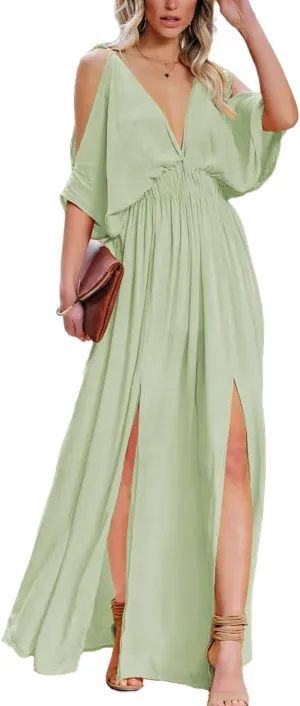 DEEP SELF Women Summer V Neck Cold Shoulder Short Sleeve Maxi Dress High Waist Split Wedding Guest Long Dress