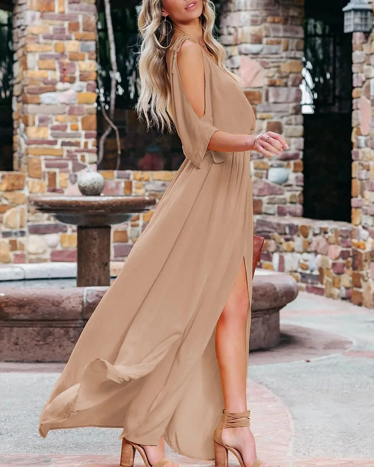 DEEP SELF Women Summer V Neck Cold Shoulder Short Sleeve Maxi Dress High Waist Split Wedding Guest Long Dress