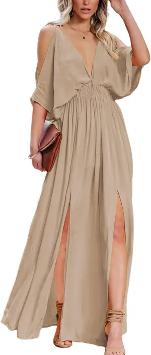 DEEP SELF Women Summer V Neck Cold Shoulder Short Sleeve Maxi Dress High Waist Split Wedding Guest Long Dress