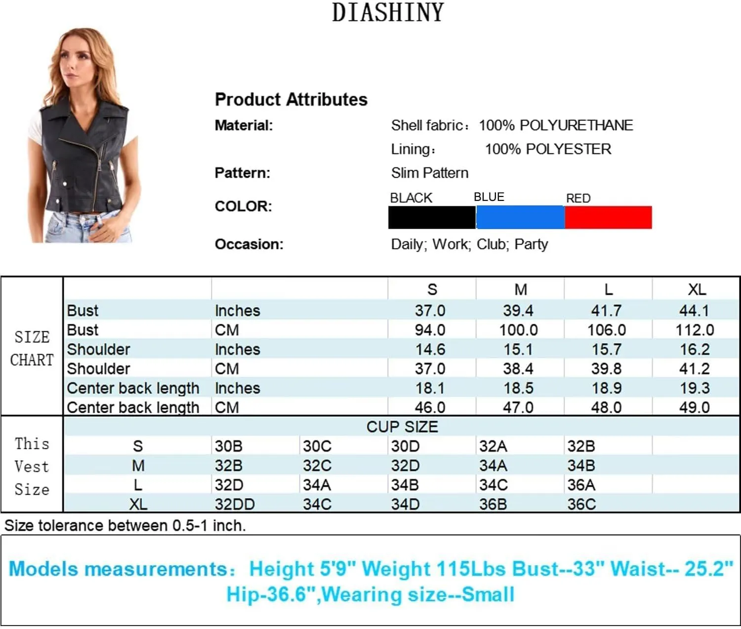 DIASHINY Faux Leather Vest For Women Lapel Sleeveless Moto Slim Fit PU Motorcycle Biker Waistcoat