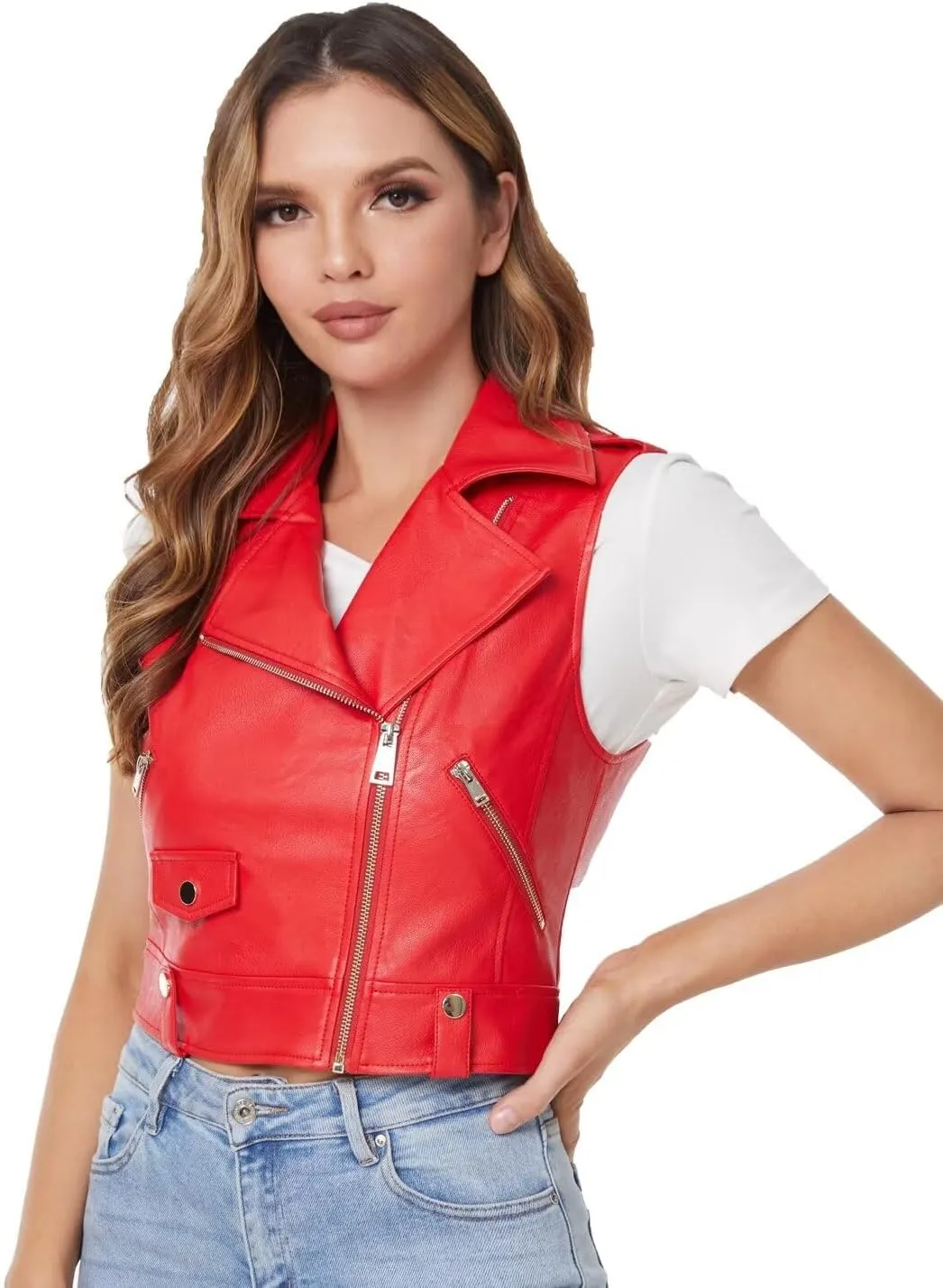 DIASHINY Faux Leather Vest For Women Lapel Sleeveless Moto Slim Fit PU Motorcycle Biker Waistcoat