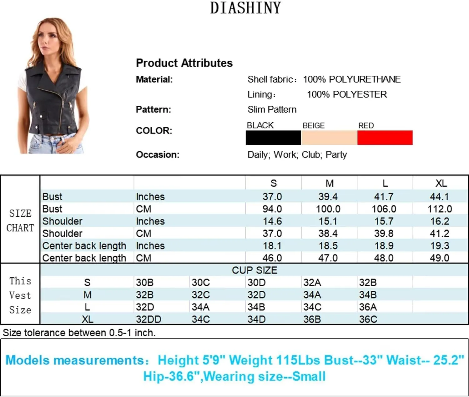 DIASHINY Faux Leather Vest For Women Lapel Sleeveless Moto Slim Fit PU Motorcycle Biker Waistcoat