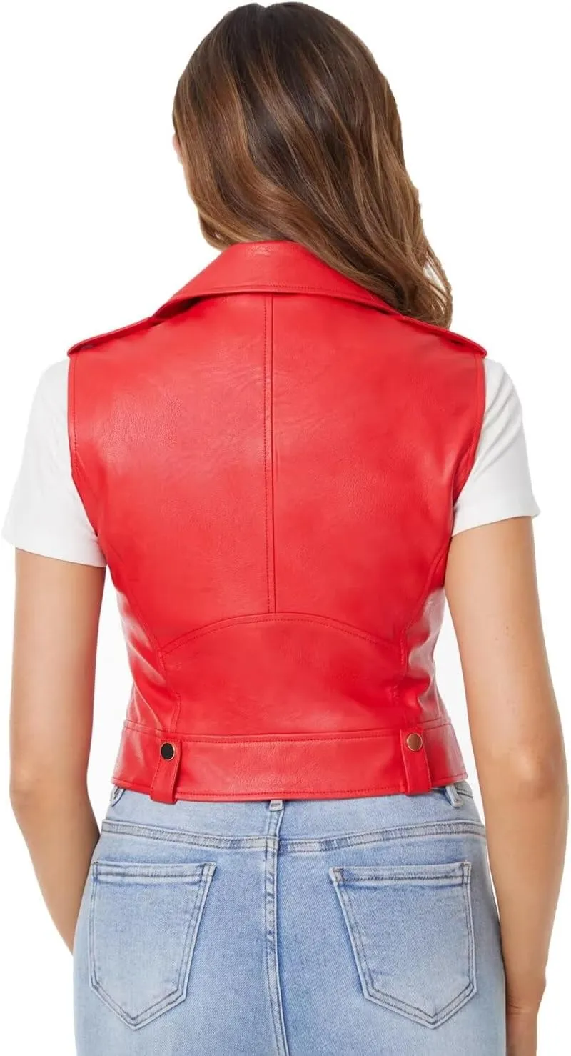 DIASHINY Faux Leather Vest For Women Lapel Sleeveless Moto Slim Fit PU Motorcycle Biker Waistcoat