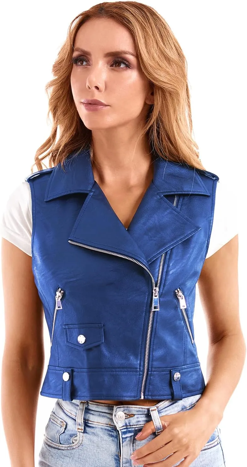 DIASHINY Faux Leather Vest For Women Lapel Sleeveless Moto Slim Fit PU Motorcycle Biker Waistcoat