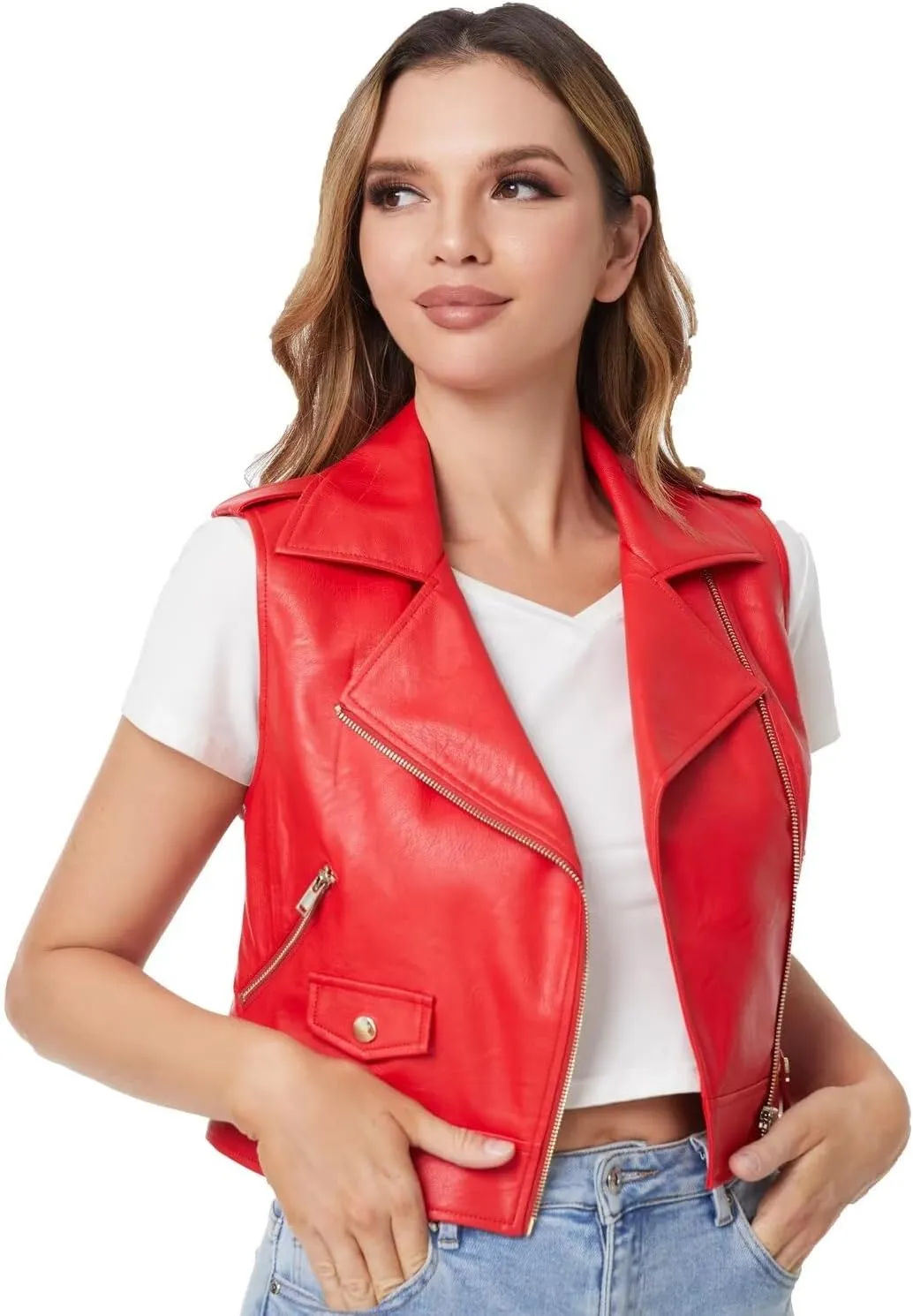 DIASHINY Faux Leather Vest For Women Lapel Sleeveless Moto Slim Fit PU Motorcycle Biker Waistcoat