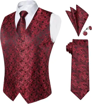 DiBanGu Mens Paisley Suit Waistcoat Silk Dress Vest and Necktie Pocket Square Cufflinks for Wedding Party