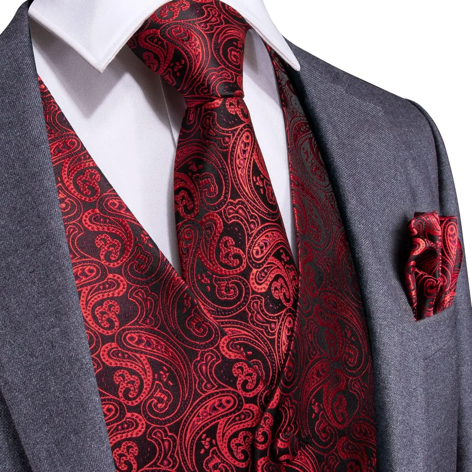DiBanGu Mens Paisley Suit Waistcoat Silk Dress Vest and Necktie Pocket Square Cufflinks for Wedding Party