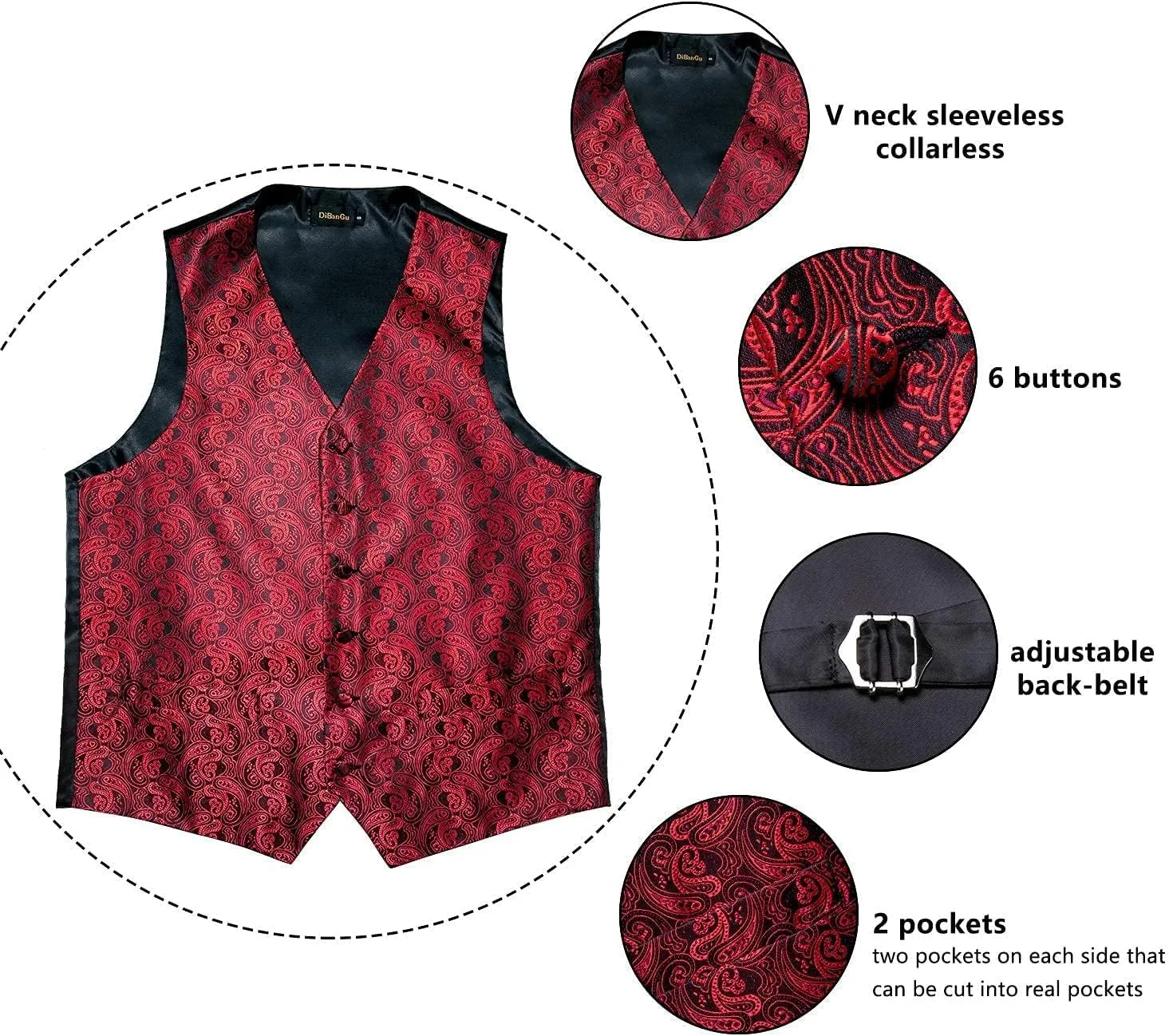 DiBanGu Mens Paisley Suit Waistcoat Silk Dress Vest and Necktie Pocket Square Cufflinks for Wedding Party